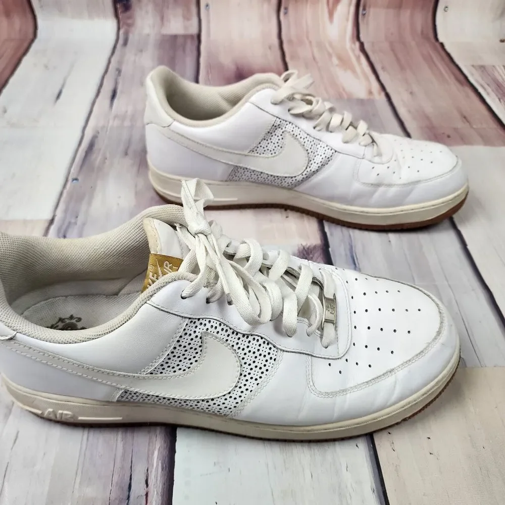Nike Air Force 1 Mens 14 Low White Perforated Side Panels Gold Letter 315122-992